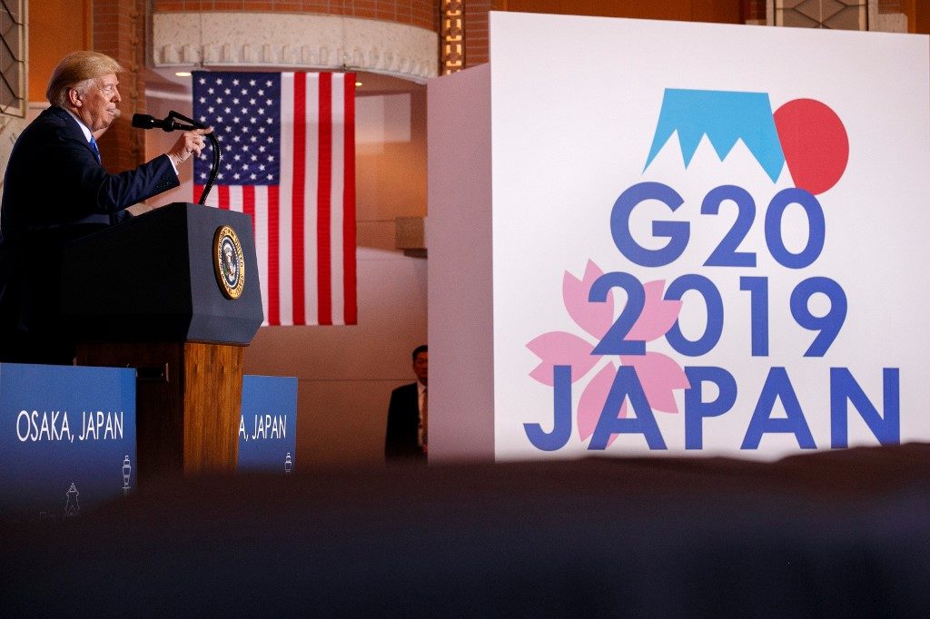 US President Donald Trump speaks during a press conference on the sidelines of the G20 Summit on June 29, 2019. (Photo by Jacquelyn Martin / POOL / AFP)